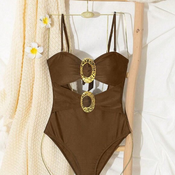 Brown Casual Women's All Hollow Metallic Decor Bodysuit - Picture 7 of 7